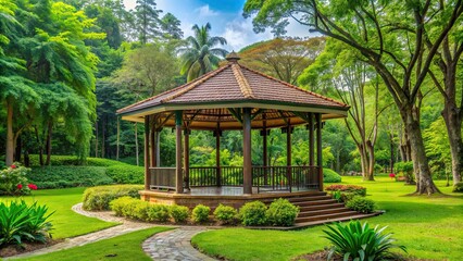 Pavilion surrounded by lush greenery in the park, pavilion, park, outdoor, architecture, structure, garden, nature