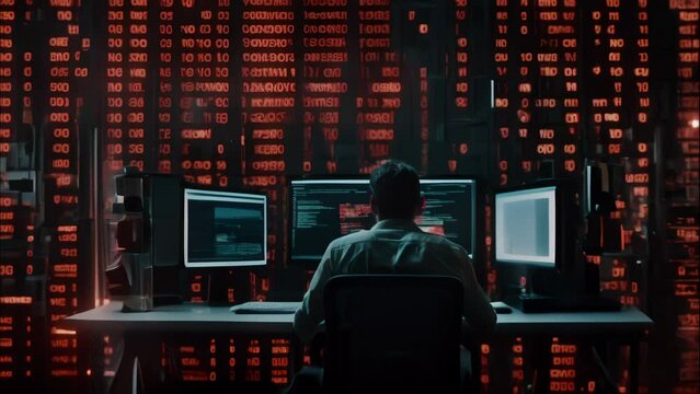 Hacker in Dark Room Working on Computer