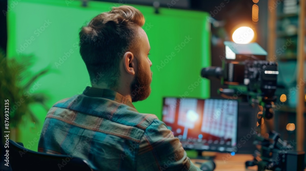Poster a man sits in front of a green screen, looking at a monitor while recording a video with a camera.