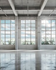 Bright and airy interior empty industrial nave offices with large windows and high ceilings , sunlight streaming in