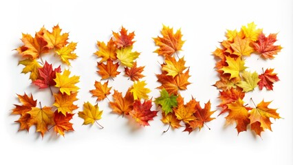 Vibrant autumn maple leaves scattered against a clean white background, forming elegant lettering, perfect for seasonal sale banners and promotions.
