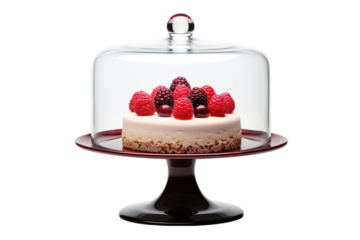 A Delicate Dessert Under Glass: A Creamy Cake With Raspberry and Blackberry Toppings on a Red Pedestal on a White or Clear Surface PNG Transparent Background
