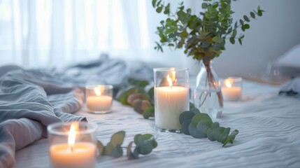 Four lit candles and eucalyptus leaves arranged on a cozy bed with soft, white bedding and sunlight streaming in through sheer curtains, creating a tranquil atmosphere.