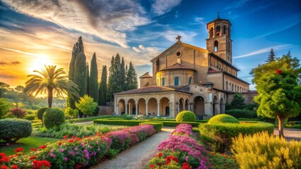 Naklejka premium Magnificent ancient Romanesque architecture of San Paolo Basilica Fuori le Mura with lush greenery and gentle morning sunlight casting shadows.