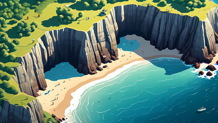 isometric scene of a coastal landscape, including cliffs, beaches, tide pools, and marine life interacting with the environment