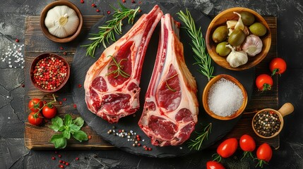 Two raw, seasoned lamb chops rest on a black slate board, surrounded by a variety of fresh herbs, garlic, olives, salt, and pepper, ready for grilling or roasting.