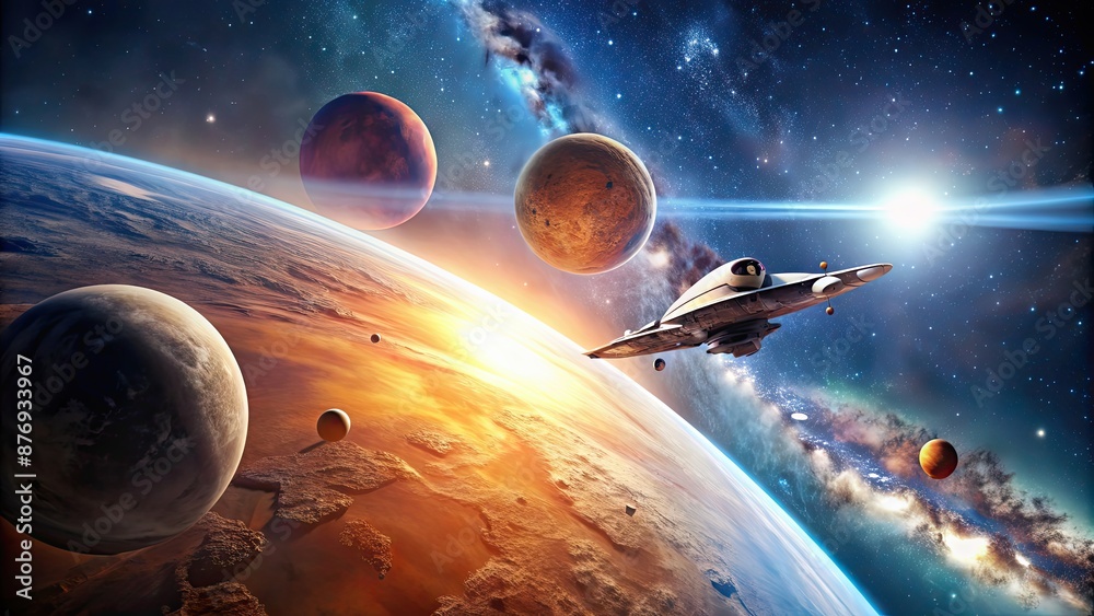 Poster Spaceship flying over the moon with planets in the sky, Spaceship, moon, planets, space, stars, galaxy