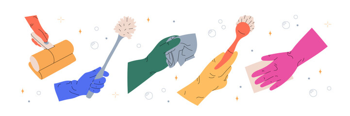 Hands hold a vacuum cleaner, brush, cloth, sponge for washing. Clean home appliances, products, supplies for housework. Flat vector illustration on isolated white background