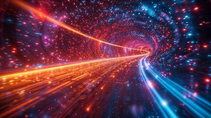 Fototapeta premium Sfondo digitale astratto con particelle e luci colorate che viaggiano alla velocità della luce