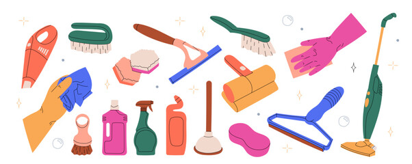 Cleaning equipment. Chemical detergents, sponges for washing, household tools, bottles, gloves, accessories, composition of things. Household goods. Flat vector illustration on white background