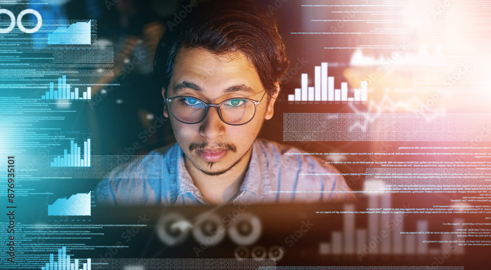 Aufkleber Analytics, database and double exposure with programmer man in office at night for coding or encryption. Computer language, face and glasses with asian coder at work on 3D screen for development