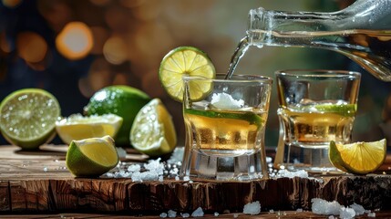 A bottle of tequila is being poured into glasses with lime slices and salt on a wooden surface, creating a festive and lively drinking scene.