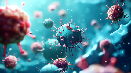 Close-up view of several spherical viruses with red spikes floating in a cellular fluid environment, depicting a microscopic biological scene.
