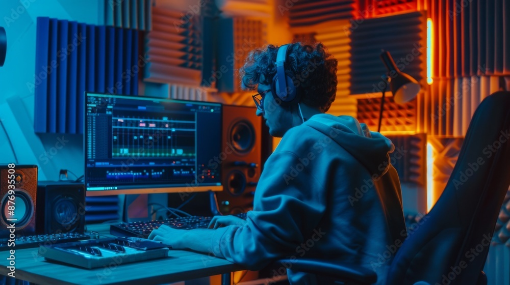 Poster A music producer sits at a desk in their home studio, wearing headphones and looking at a computer screen. They are surrounded by soundproofing and have a keyboard and speakers setup.
