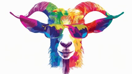 On a white background, an animated cartoon shows a colorful goat wearing sunglasses.