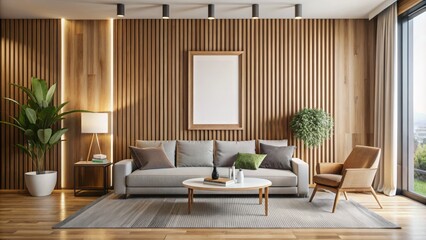 Minimalist living room interior with 3D illustration of modern design poster mockup on a wooden wall.