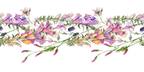 Hand drawn watercolor illustration botanical flowers leaves. Willow eucalyptus branch, foxglove snapdragon lupin, pink lobelia jasmine. Seamless banner isolated on white. Design wedding, love cards