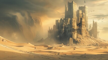 Animation stills displaying a vast desert with towering sand dunes, ancient ruins, and mysterious oases scattered throughout