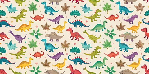 Colorful dinosaurs seamless pattern on beige background, dinosaur, colorful, seamless, pattern, beige, background