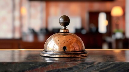 A close-up shot of a vintage brass reception bell sitting on a marble countertop, exuding an old-world charm with blurred background lights adding a modern touch of elegance.