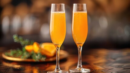 Two elegant glasses of orange juice set against a festive backdrop, highlighted by decorations and soft lighting, creating a welcoming and celebratory mood.