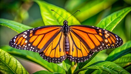 Fototapeta premium Monarch Butterfly Perched On A Leaf With Its Wings Spread Open Displaying Its Beautiful Orange, Black, And White Coloration.