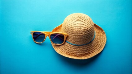 Straw Hat And Sunglasses On Blue Background. Summer Vacation Concept.