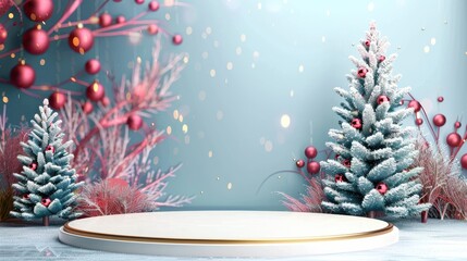 A delightful wintry scene showcasing snow-covered trees adorned with pink baubles surrounding a circular white platform, set against a background of glowing lights and decorations.
