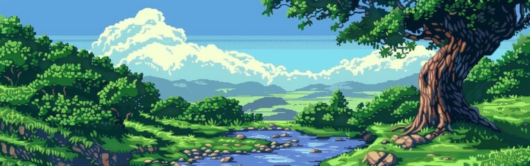 Tranquil Pixel Art Landscape with Stream and Clouds