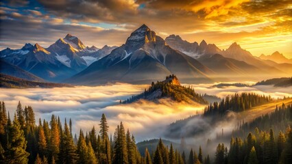Obraz premium The Majestic Beauty Of A Mountain Landscape Is Captured In This Stunning Image. With Its Towering Peaks, Lush Forests, And Tranquil Waters, This Scene Is Sure To Take Your Breath Away.