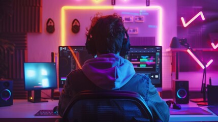 Obraz premium A gamer sits in front of a computer screen, wearing headphones, in a room illuminated by neon lights.