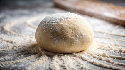 Obraz premium Close-up photo of a ball of dough being rolled out on a floured surface, dough, flour, baking, rolling pin