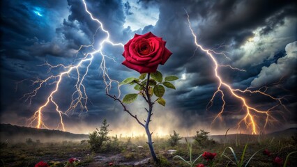 A Single Red Rose Stands Tall In A Field, Despite The Stormy Sky And Lightning Strikes All Around It.
