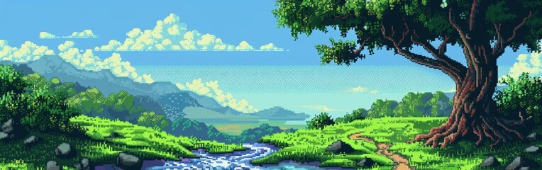 Tranquil Pixel Art Landscape with Stream and Clouds