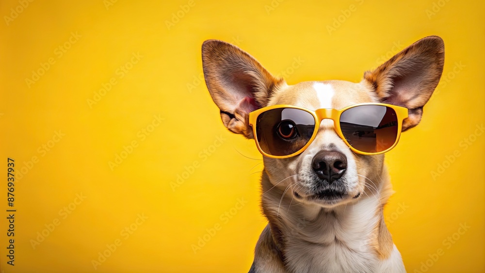 Wall mural Funny cute dog wearing sunglasses on yellow background with a summer vibe, dog, sunglasses, cute, funny, yellow, summer, minimalism