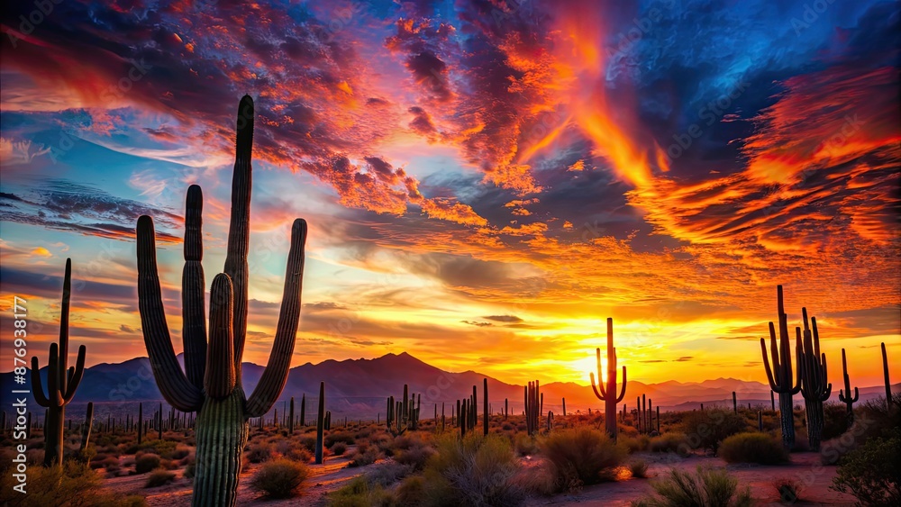 Sticker Vibrant sunset over desert landscape with silhouetted cacti, sunset, desert, landscape, cacti, silhouette, vibrant, sky, colors