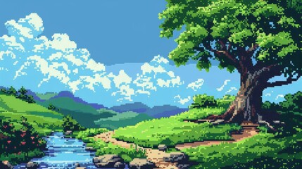 Tranquil Pixel Art Landscape with Stream and Clouds