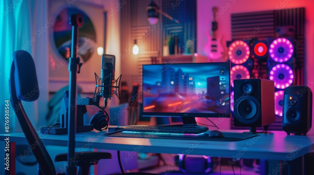 Poster A close-up view of a gamer's desk with a computer monitor displaying a video game, a microphone, speakers, and a gaming chair. The desk is lit with colorful LED lights.