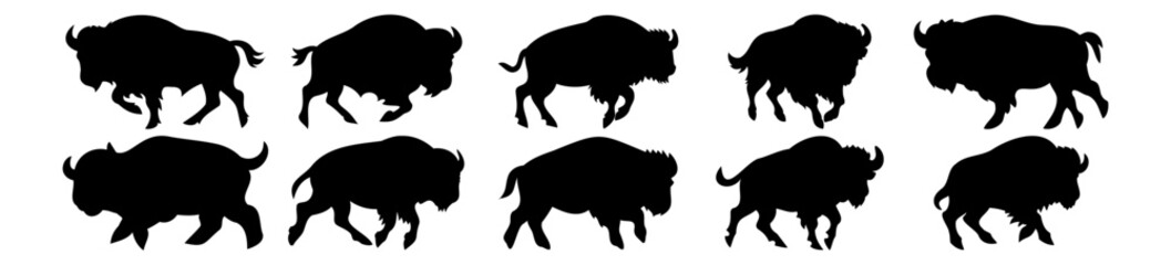 Buffalo silhouettes set, pack of vector silhouette design, isolated background