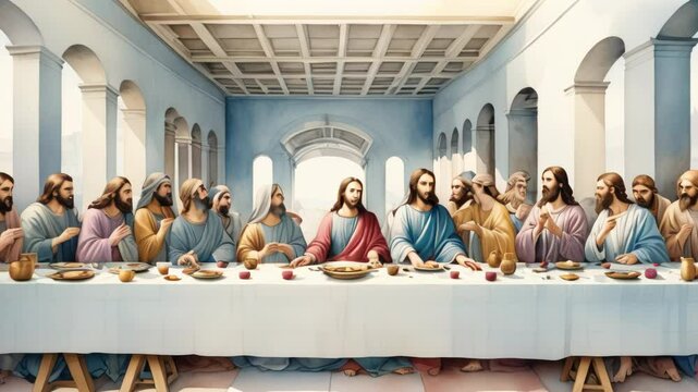 The Last Supper. Jesus. Maundy Holy Thursday. New Testament. Watercolor Biblical Animation