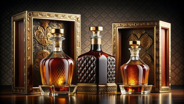 Luxurious arrangement of three premium liquor bottles with ornate labels and sleek boxes, adorned with golden accents, on a dark background.
