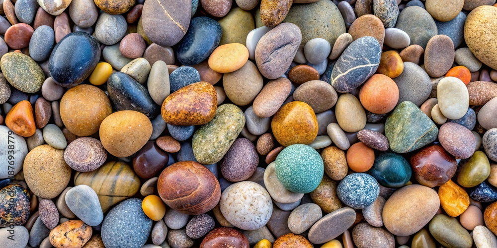 Sticker Pebbles background with smooth, round stones in various shapes and colors , stones, rocks, texture, nature, background, pebbles