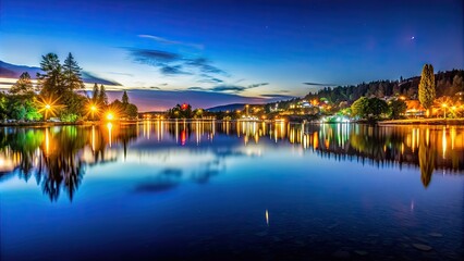 Fototapeta premium Night scene of the tranquil lake reflecting city lights on the water surface, night, view, lake, reflection, city lights