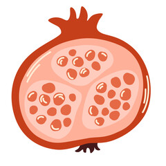 Pomegranate half, cross-section. Cut piece of granate fruit with seeds and wedge. Exotic tropical vitamin food. Flat vector illustration isolated on white background