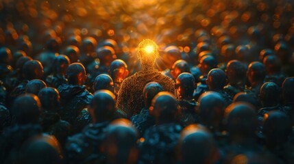 A Single Figure Stands Out from the Crowd, Bathed in a Golden Glow