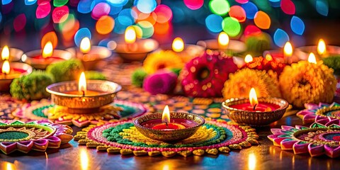 Fototapeta premium Vibrant Diwali festival decorations with colorful lights, candles, diyas, and rangoli, Diwali
