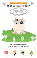 Learning animal sounds. Cut and glue educational children game. What does a cow say? moo. Matching shadow game worksheet for kids.	