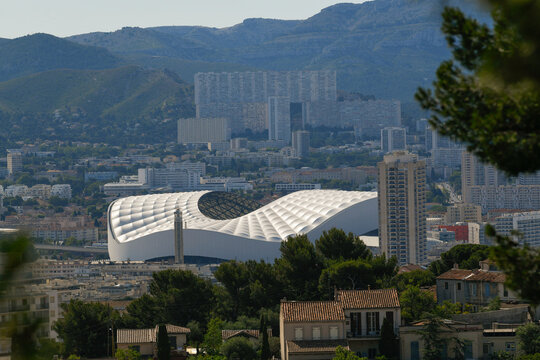 Marseille, France - June 2024 - Stade Velodrome, known as the Orange Velodrome in Marseille. It is home to the Olympique de Marseille football club. High quality photo