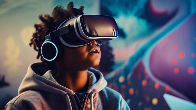 A young boy wearing a futuristic VR headset is amazed