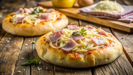 Freshly kneaded homemade dough topped with savory ham and melted cheese, awaiting formation into sorrentinos on a rustic wooden surface.